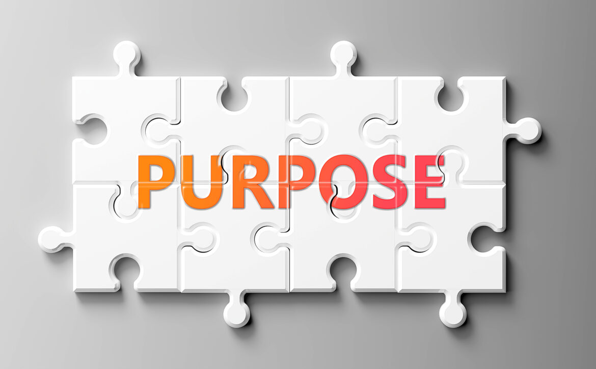 Purpose complex like a puzzle - pictured as word Purpose on a puzzle pieces to show that Purpose can be difficult and needs cooperating pieces that fit together, 3d illustration