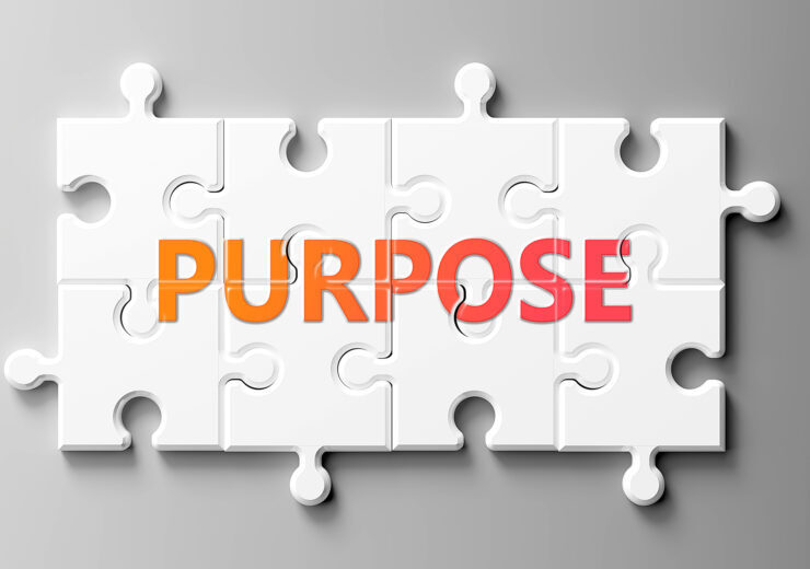 Purpose complex like a puzzle - pictured as word Purpose on a puzzle pieces to show that Purpose can be difficult and needs cooperating pieces that fit together, 3d illustration