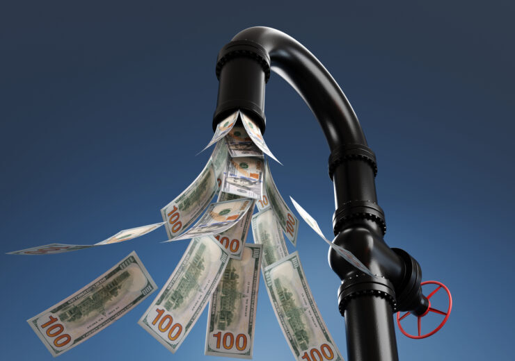 US 100 dollar banknotes flowing out of a black plumbing pipe with a valve having a red handle wheel in dark blue background. Illustration of the concept of money, income streams and cashflow