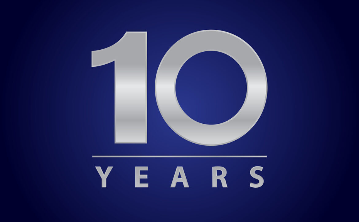 10 years logo in silver for celebrations, events and anniversaries.