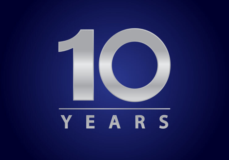 10 years logo in silver for celebrations, events and anniversaries.