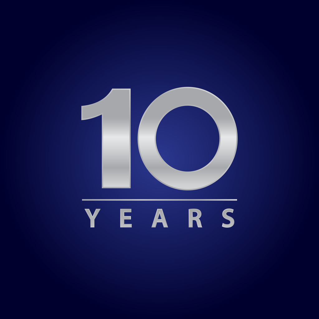 10 years logo in silver for celebrations, events and anniversaries.