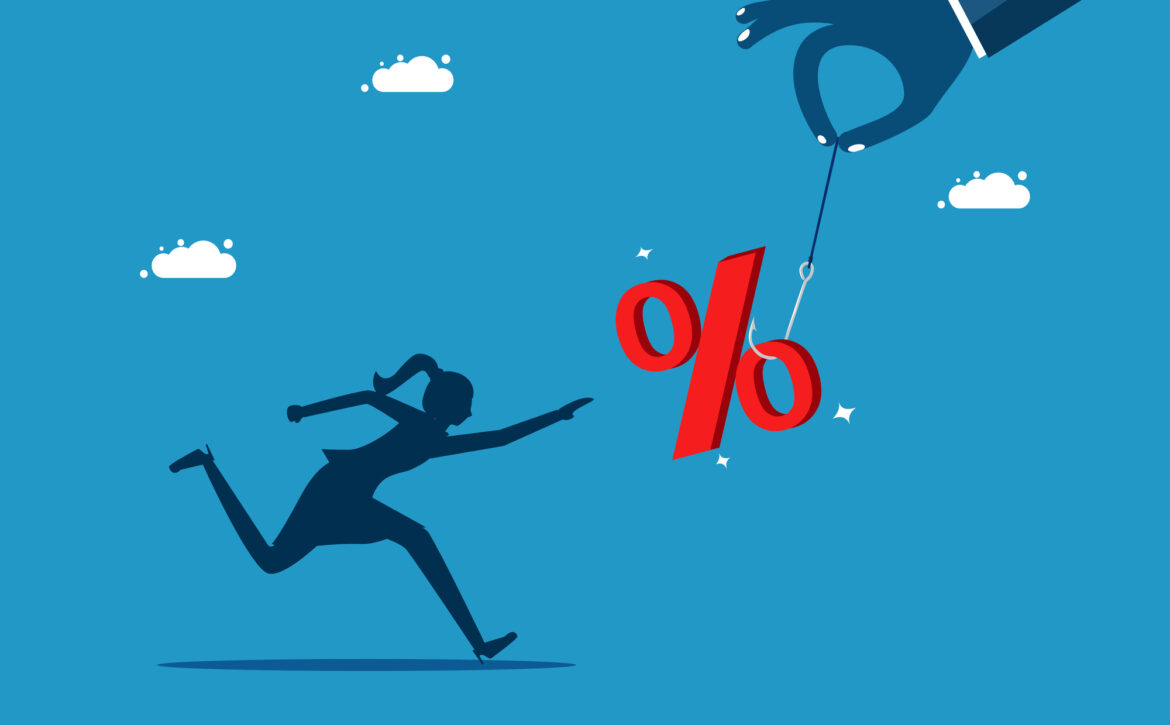 Fraudulent sales. woman runs and grabs percentage as bait