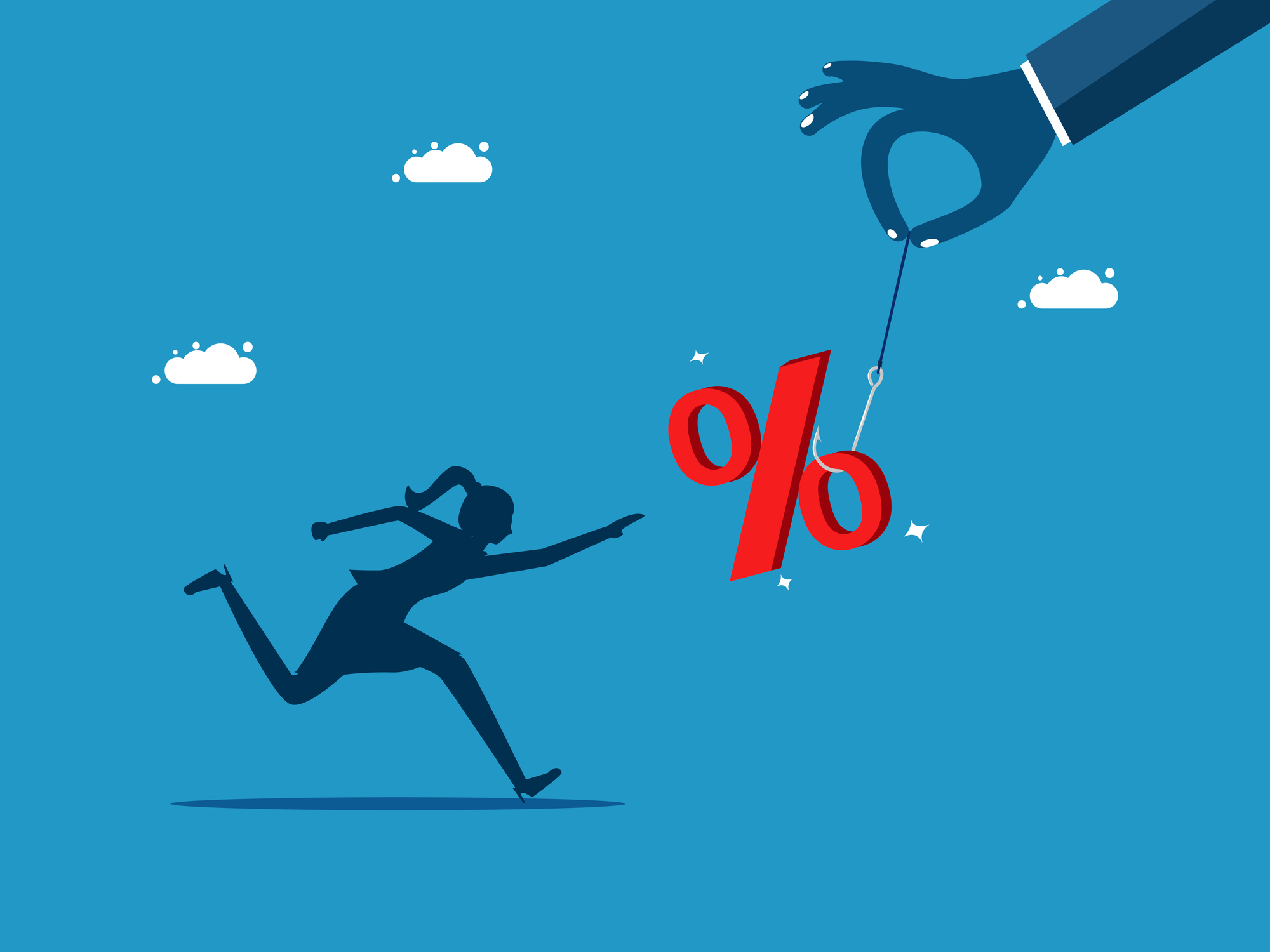 Fraudulent sales. woman runs and grabs percentage as bait