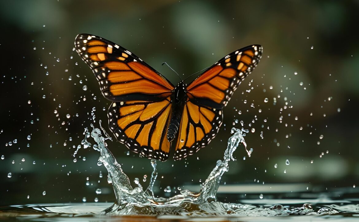 Beautiful macro shot of Monarch butterfly flying near water with splash, against blur background