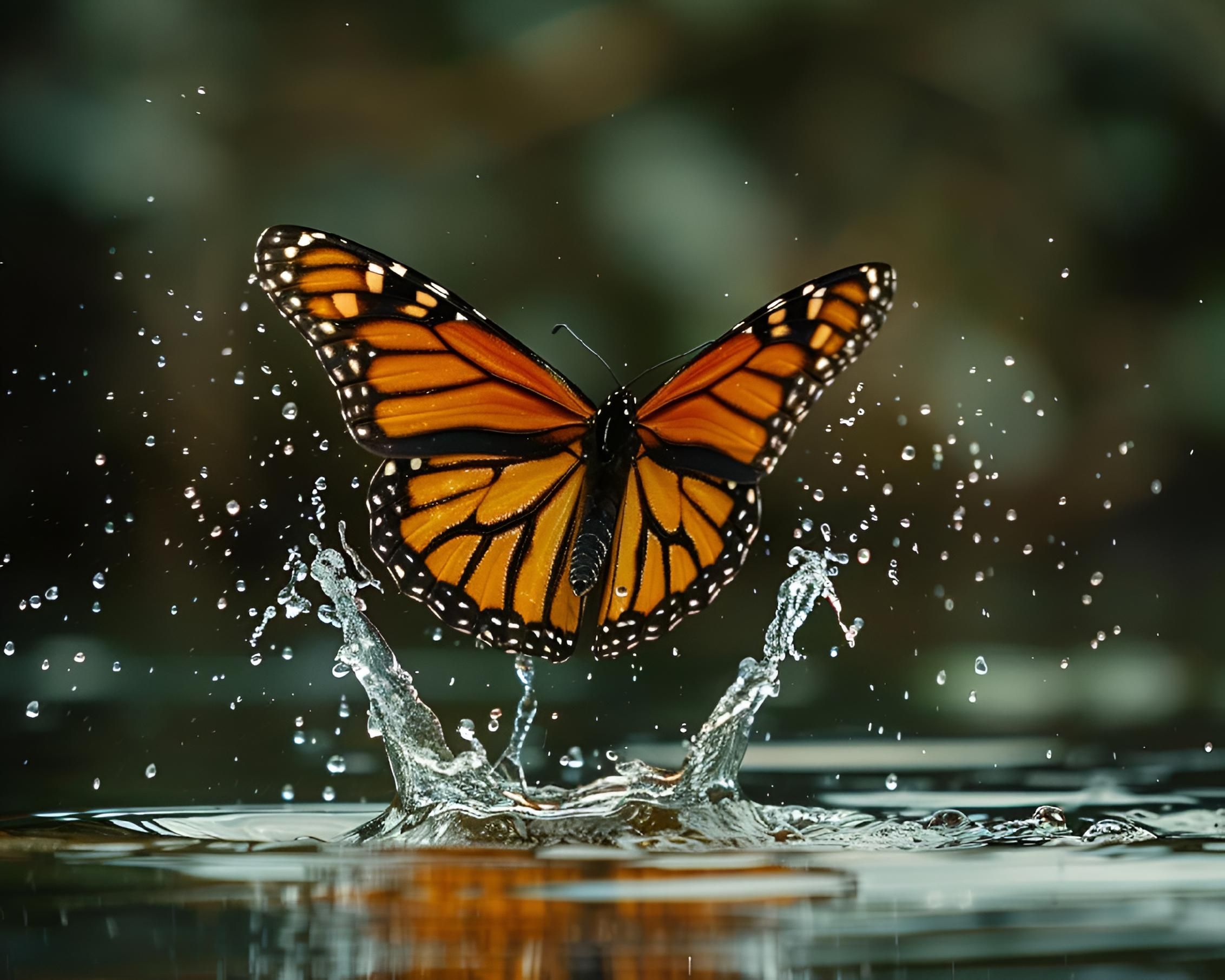 Beautiful macro shot of Monarch butterfly flying near water with splash, against blur background