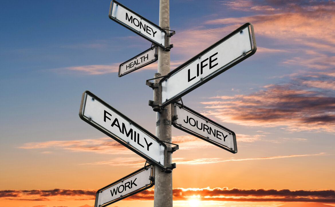Life balance choices signpost, with sunrise sky backgrounds