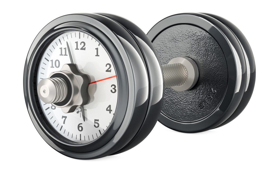 Dumbbell with clock. Sport time, concept. 3D rendering
