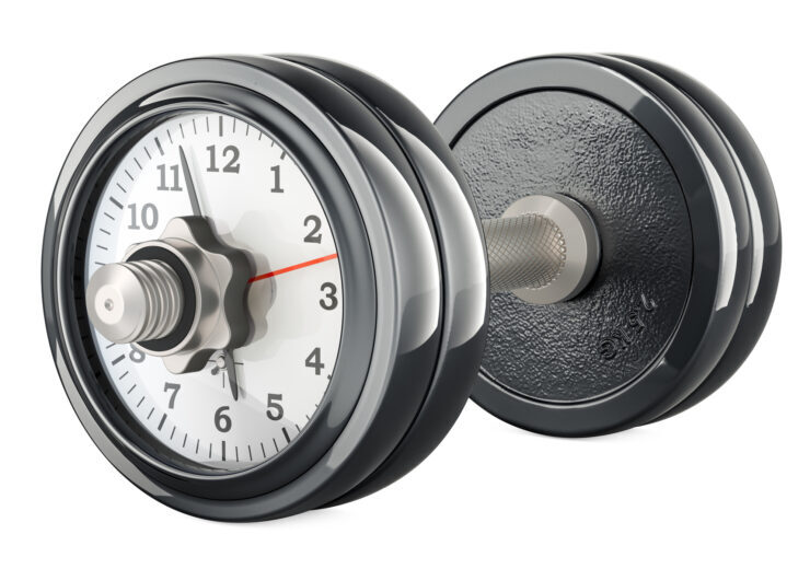 Dumbbell with clock. Sport time, concept. 3D rendering