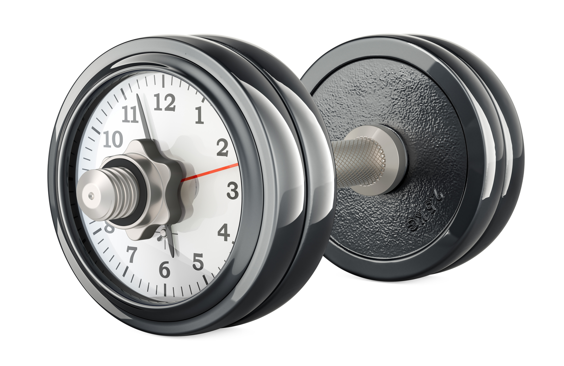 Dumbbell with clock. Sport time, concept. 3D rendering