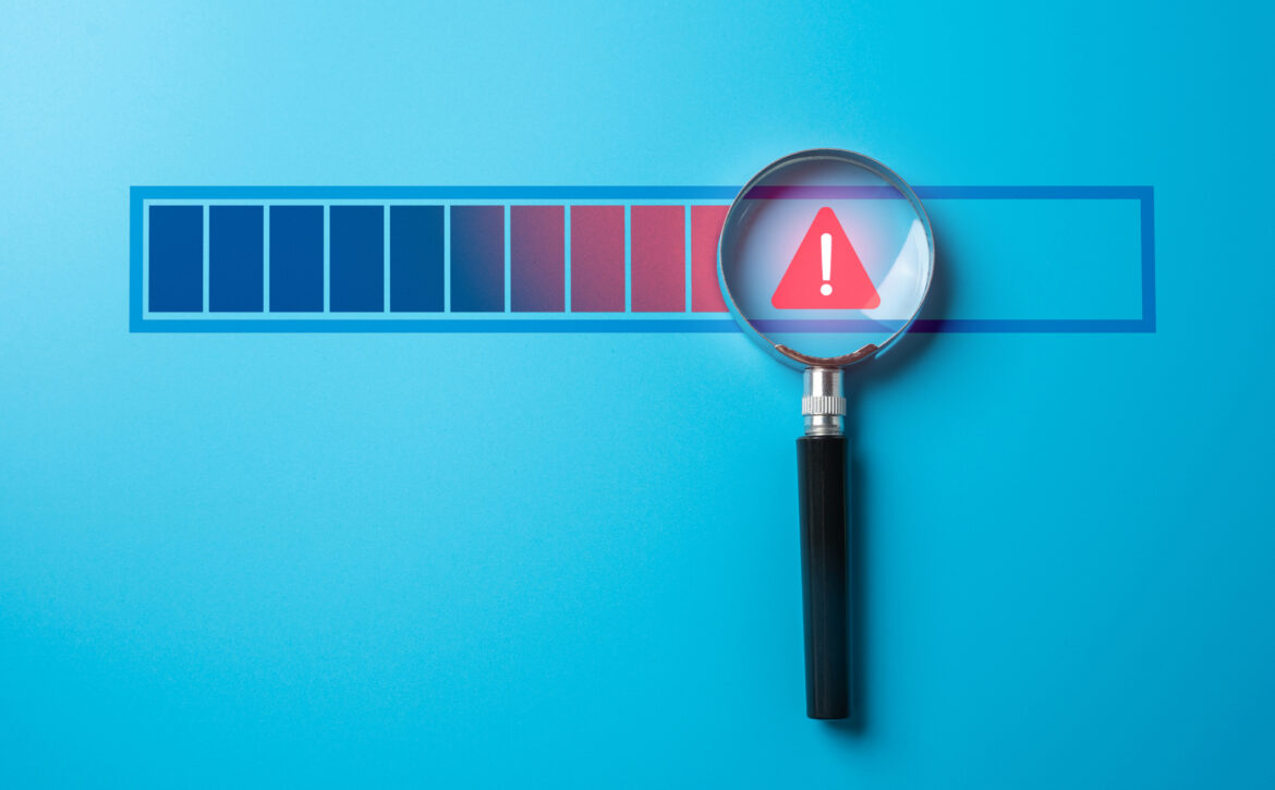 Magnifying glass with warning sign on progress bar. Find problem stop or malfunction. Detecting issues, troubleshooting errors. Identifying malfunctions, stopping critical problems in processes.