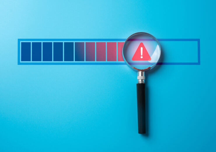 Magnifying glass with warning sign on progress bar. Find problem stop or malfunction. Detecting issues, troubleshooting errors. Identifying malfunctions, stopping critical problems in processes.