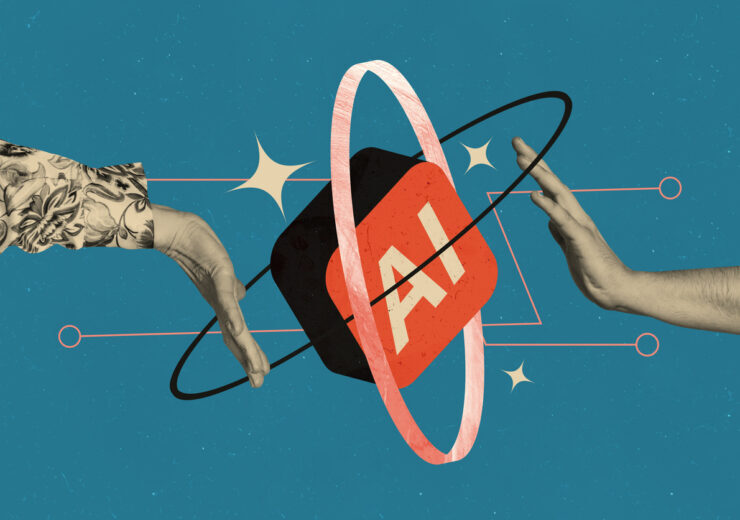 Composite trend artwork sketch image collage of intelligence assistant creative device internet icon ai hand gesture showing hold contact