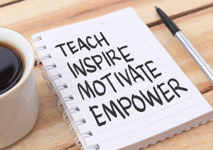 Teach inspire motivate empower, text words typography written on paper against wooden background, life and business motivational inspirational