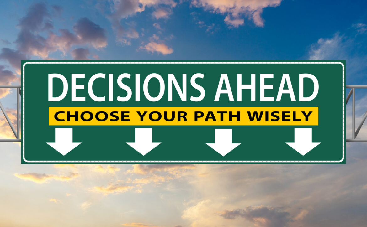 Decisions Ahead, Choose Your Path Wisely, illustration freeway green sign