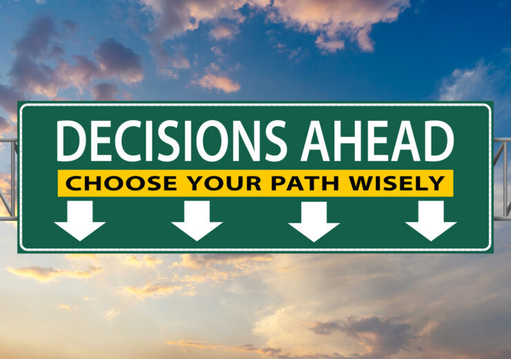 Decisions Ahead, Choose Your Path Wisely, illustration freeway green sign