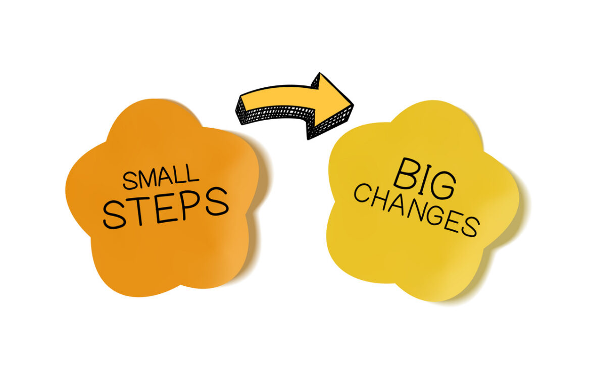 Vector motivational poster: small steps lead to big changes, illustration background, yellow.