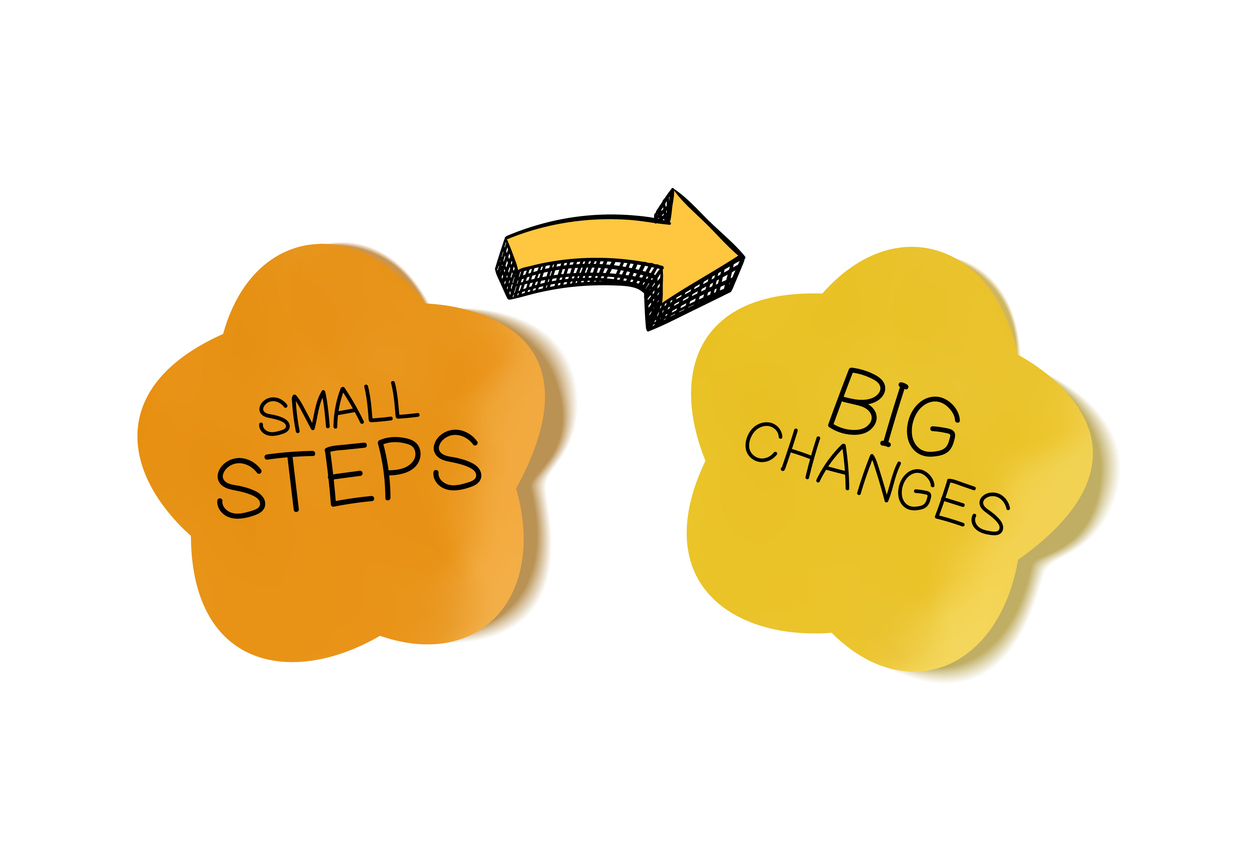 Vector motivational poster: small steps lead to big changes, illustration background, yellow.