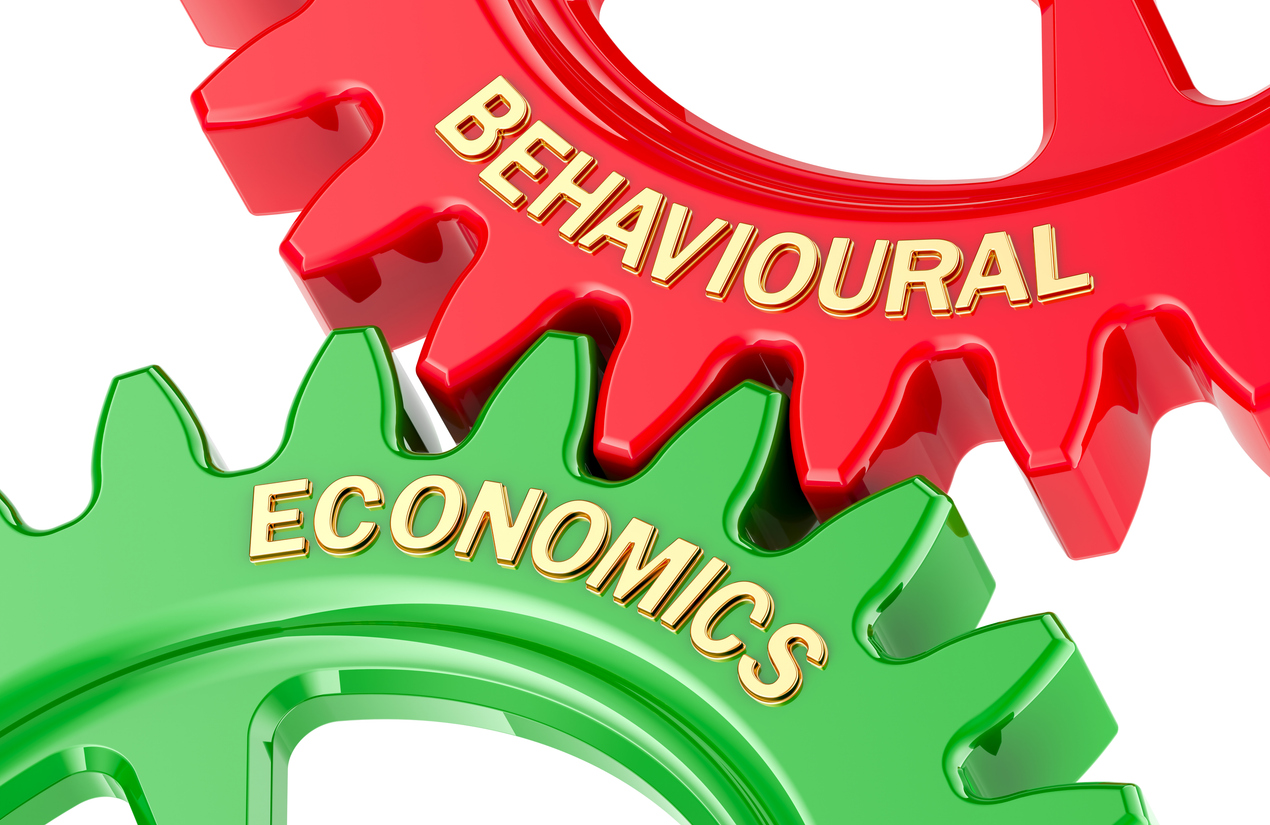 Behavioral Economics concept, with colored gearwheels. 3D rendering