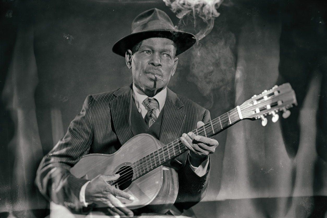 Wet plate look like photo of vintage african american jazz musician.